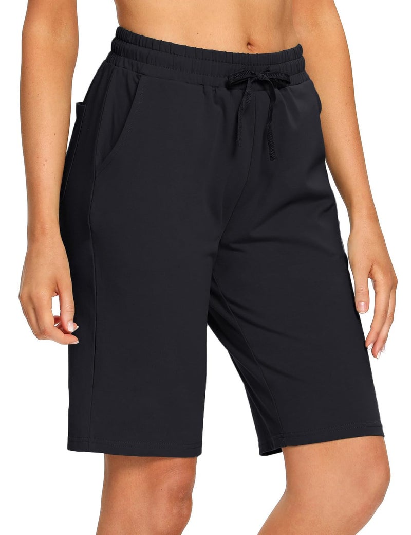 EZRUN Womens Bermuda Shorts Summer Sweat Shorts with Deep Pockets 10" Cotton Shorts for Women Gym Workout Black - Image 4